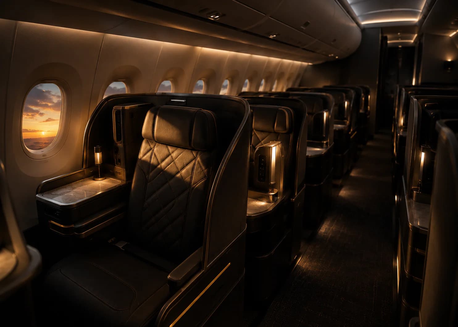 Business-class cabin at dusk with warm ambient lighting