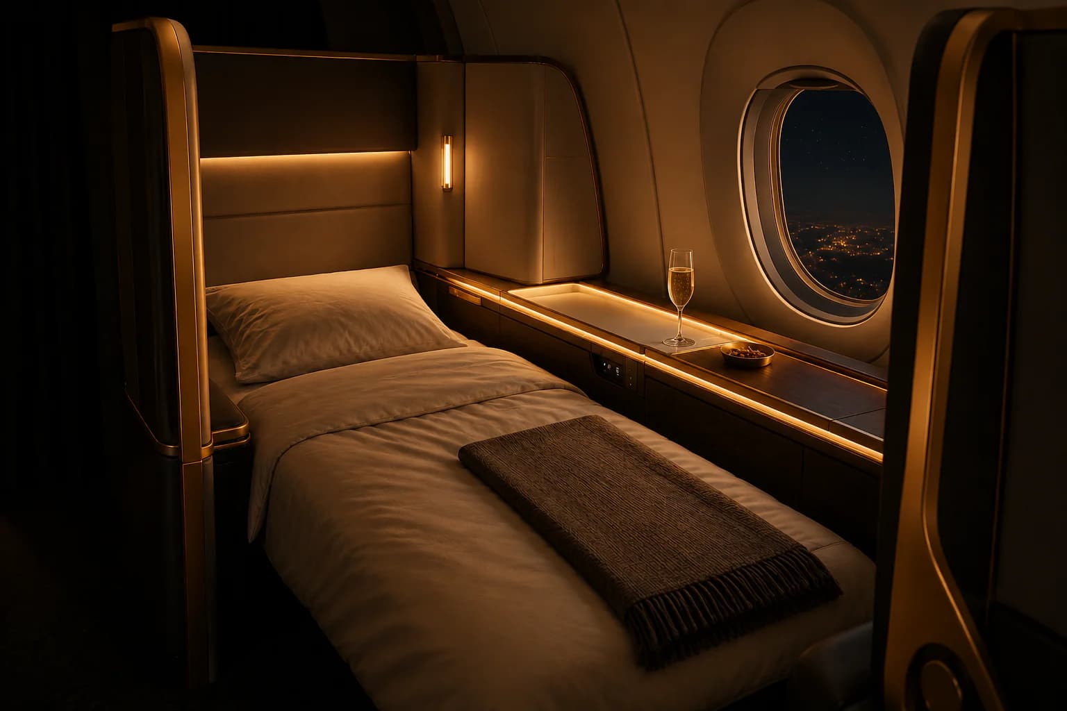The same suite at night with warm ambient lighting