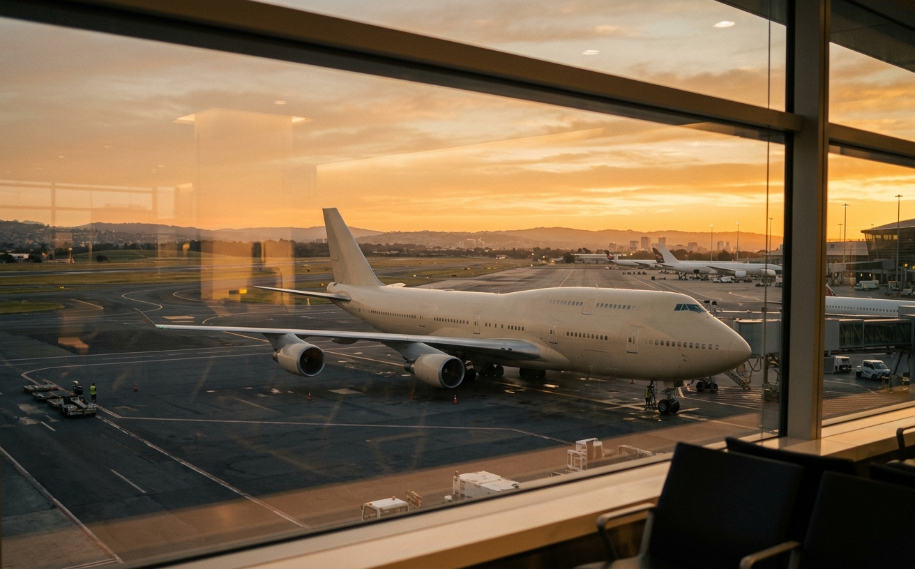 Wide-body jet at an airport gate during golden hour