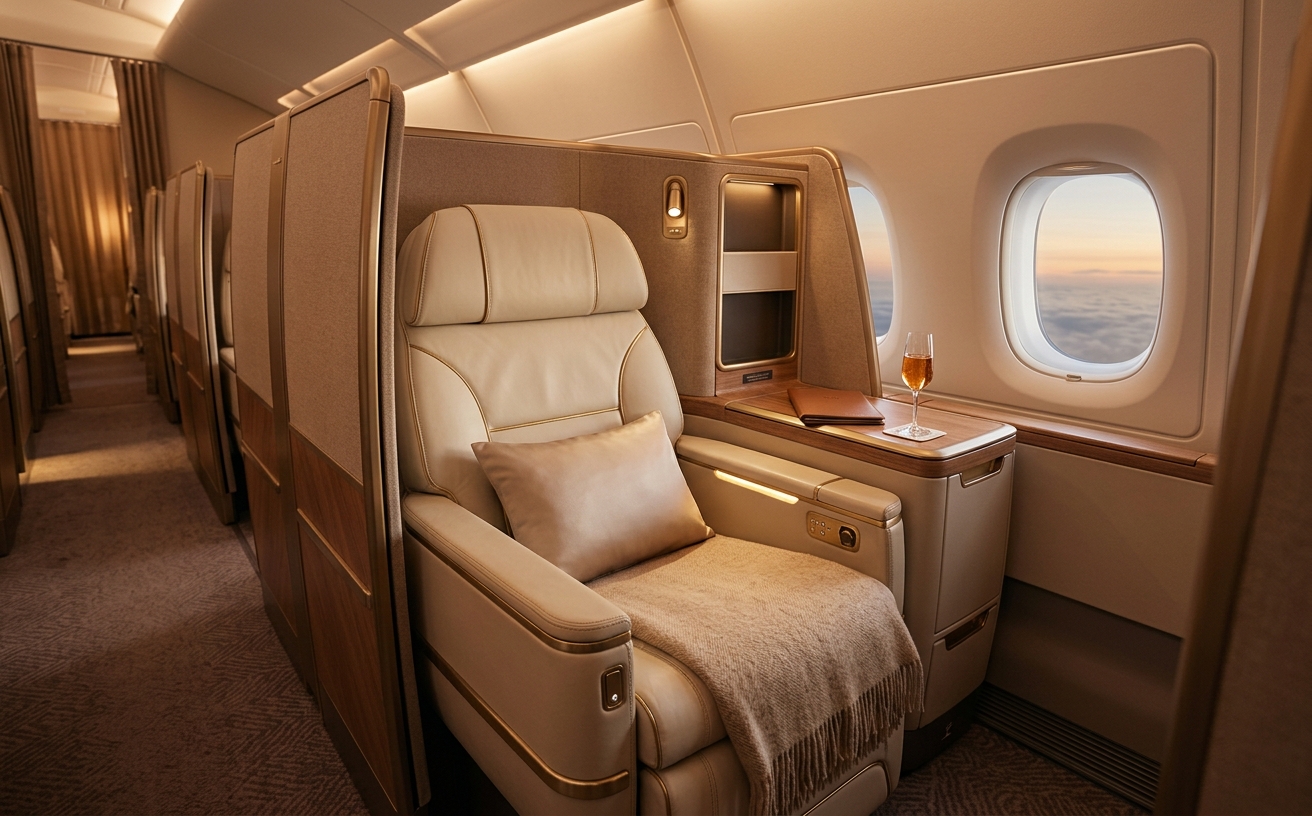 Premium long-haul business-class suite in warm gold cabin light