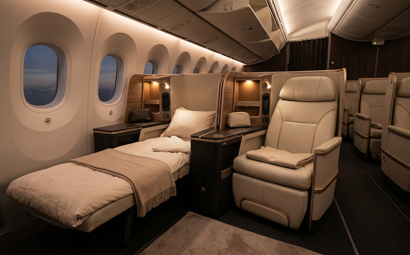 European wide-body business-class cabin at dusk with lie-flat seats
