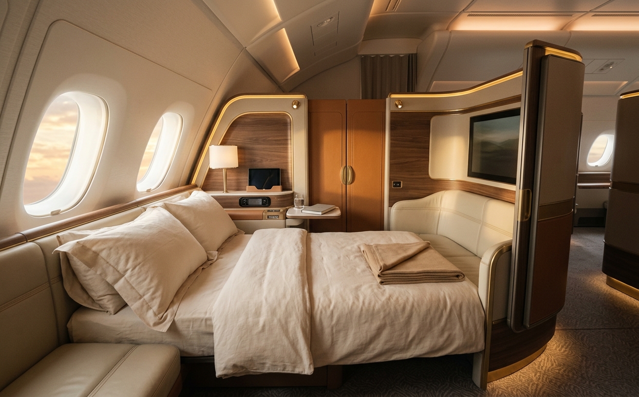 First-class airline suite with cream upholstery and gold accents