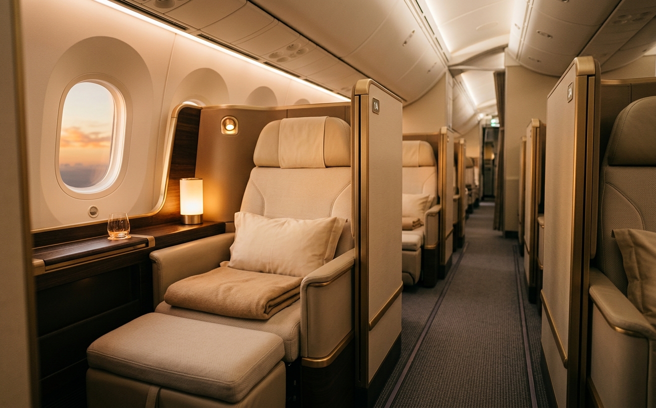 Premium cabin at golden hour with a glowing window and brushed-gold accents