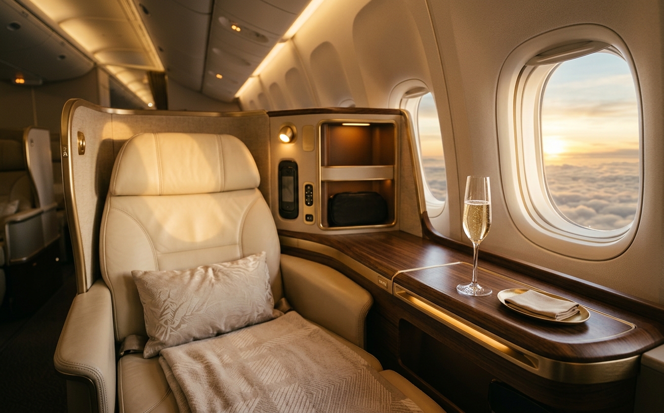 First-class suite at golden hour with a champagne flute by the window